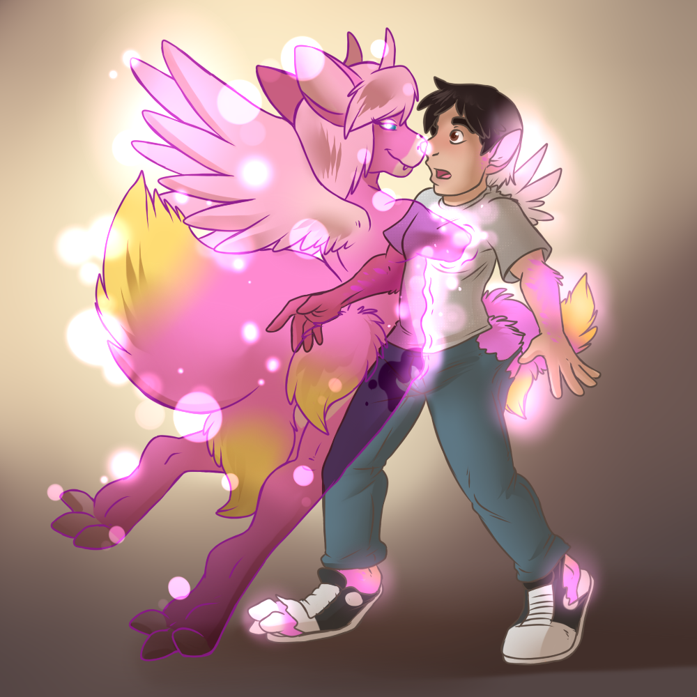 1:1 2015 aggrobadger anthro black_hair bottomwear clothing duo feathered_wings feathers female growth hair horn human_to_anthro humanoid male pants pink_body possession shirt smile species_request species_transformation spirit tail_growth topwear transformation wings