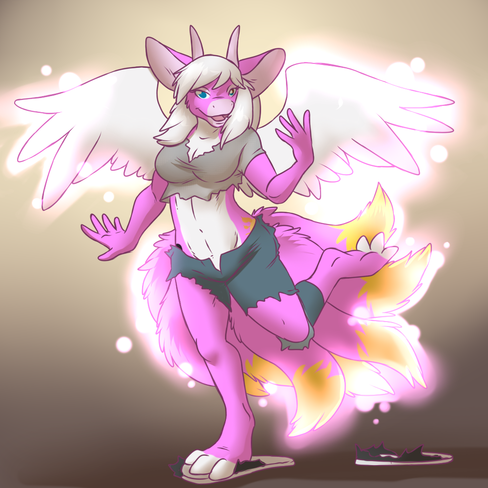 1:1 2015 5_fingers after_transformation aggrobadger anthro blonde_hair blue_eyes breasts clothing feathered_wings feathers female fingers fur hair horn hybrid mammal multi_tail navel on_one_leg open_mouth pink_body pink_fur simple_background smile species_request standing torn_clothing wings