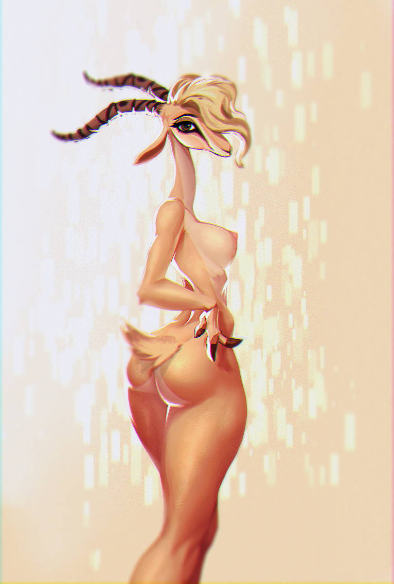 2020 antelope anthro bovid breasts butt disney female gazelle gazelle_(zootopia) girlwithdrill hair hi_res horn long_neck looking_at_viewer mammal nipples nude solo zootopia