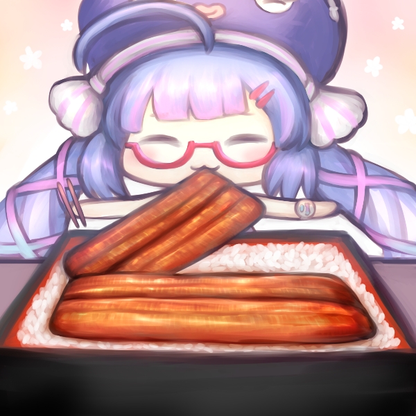 1girl :3 bangs bare_shoulders blue_hair blue_headwear blunt_bangs chibi chopsticks closed_eyes commentary eating eel_hat grilled_eel hair_ornament hairclip holding holding_chopsticks mouth_hold obentou otomachi_una outstretched_arms red-framed_eyewear rice semi-rimless_eyewear solo talkex twintails unajuu_(food) vocaloid yoruake_hoshiko