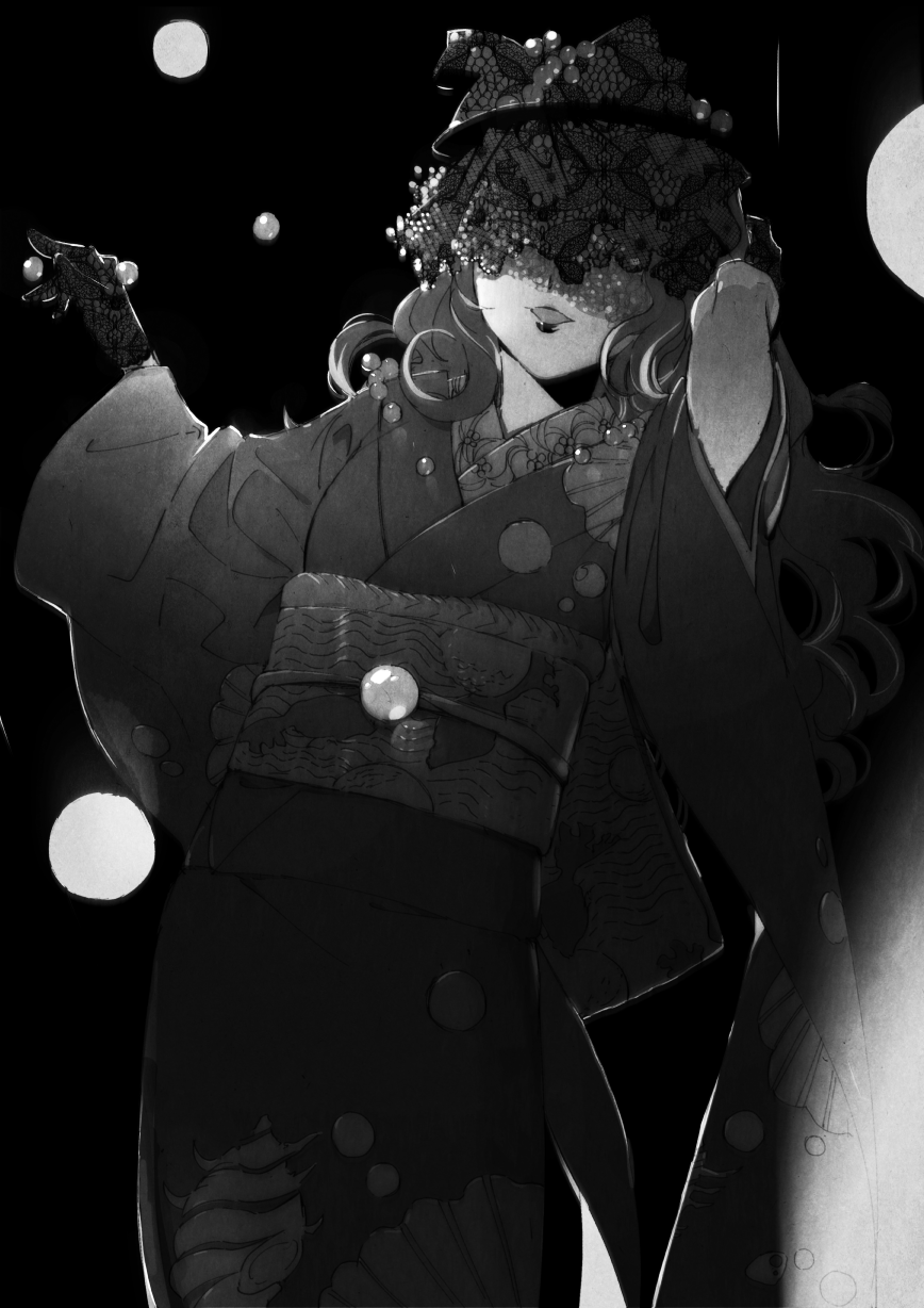 1girl arm_up bead_necklace beads black_background broken character_request covered_eyes cowboy_shot curly_hair dark facing_viewer gloves greyscale highres jewelry lace lipstick long_sleeves makeup mao_(takahashi_rumiko) medium_hair monochrome necklace obi outstretched_arm roku_(tsua-kihuyu) sash smile standing veil