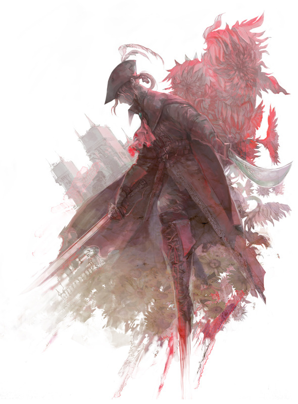 1girl ascot blonde_hair blood bloodborne boots brown_coat coat cross-laced_footwear dual_wielding flower from_side gloves hat hat_feather holding igarashi_(wp13) knee_boots lady_maria_of_the_astral_clocktower long_hair ponytail rakuyo_(bloodborne) solo sword the_old_hunters tricorne weapon white_background white_hair