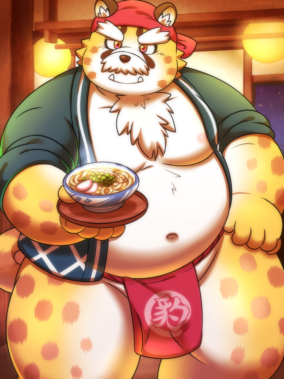 2020 3:4 anthro belly cute_fangs detailed_background felid feline food fur hi_res humanoid_hands kemono lako male mammal moobs navel night nipples overweight overweight_anthro overweight_male solo yellow_body yellow_fur