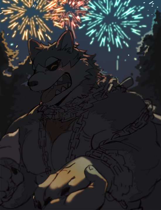 ambiguous_gender anthro black_sclera blush canid canine canis chain dessert domestic_dog duo eyes_closed fireworks first_person_view food fur garmr gomtang hand_holding holding_food holding_ice_cream holding_object ice_cream male mammal muscular muscular_anthro muscular_male night nipples open_mouth open_smile smile teeth tokyo_afterschool_summoners tongue tongue_out tree video_games
