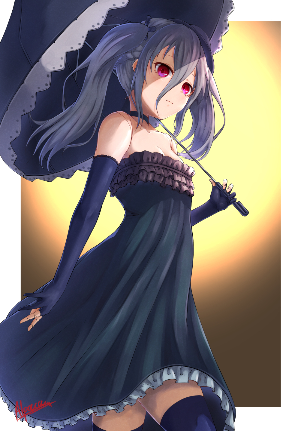 1girl alpaca_(alpaca00011) bangs black_choker black_dress black_gloves black_ribbon black_umbrella blue_legwear border breasts choker cleavage closed_mouth collarbone cowboy_shot dress elbow_gloves floating_hair frilled_dress frills from_side gloves granblue_fantasy hair_between_eyes hair_ribbon highres holding holding_umbrella long_hair orchis outside_border red_eyes ribbon short_dress silver_hair sleeveless sleeveless_dress small_breasts solo strapless strapless_dress thighhighs twintails umbrella walking white_border