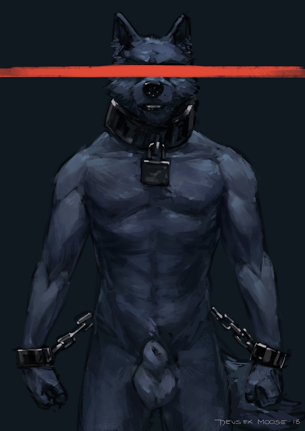 2018 animal_genitalia anthro balls bdsm bondage bound canid chain chained collar cuffs_(disambiguation) deusexmoose fully_sheathed genitals hi_res lock male mammal nude sheath simple_background solo