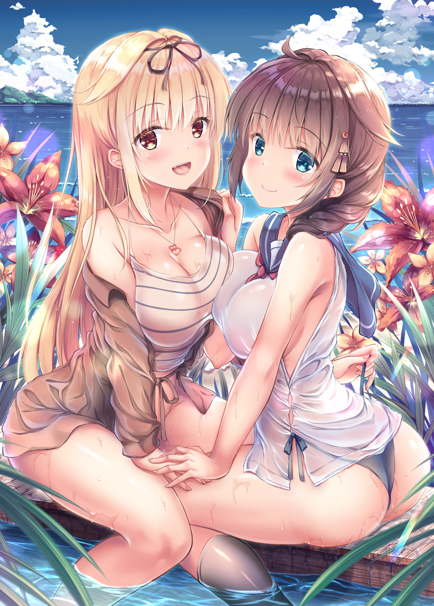 2girls ahoge asymmetrical_docking black_hair black_panties black_ribbon blonde_hair blue_eyes blue_sailor_collar blue_sky braid breast_press breasts brown_eyes brown_jacket cleavage cloud commentary_request cowboy_shot day fang flower hair_flaps hair_ornament hair_over_shoulder hair_ribbon hairclip jacket jewelry kantai_collection large_breasts long_hair looking_at_viewer mountain multiple_girls neckerchief necklace outdoors panties red_neckwear remodel_(kantai_collection) ribbon sailor_collar sailor_shirt see-through shigure_(kantai_collection) shirt single_braid sitting sky sleeveless sleeveless_shirt soaking_feet striped_tank_top tank_top underwear yuriko yuudachi_(kantai_collection)