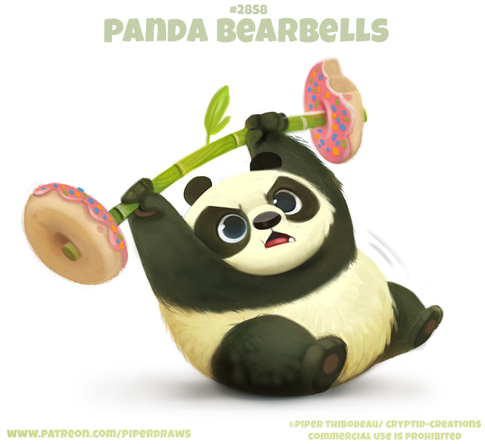 2020 ambiguous_gender bamboo barbell black_body black_eyes black_fur cryptid-creations cute_fangs digital_media_(artwork) digital_painting_(artwork) doughnut english_text exercise fangs feral food full-length_portrait fur giant_panda holding_object humor leaf mammal open_mouth portrait pun simple_background solo sprinkles teeth text url ursid visual_pun weightlifting white_background white_body white_fur workout