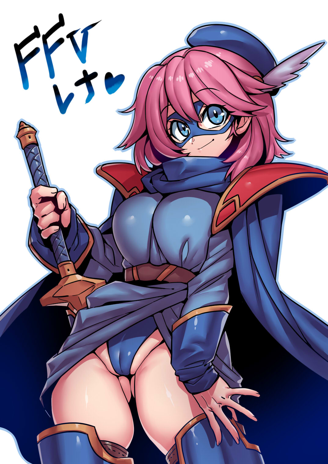 1girl belt beret blue_eyes blue_mage breasts cameltoe cape final_fantasy hat headgear highres large_breasts lenna_charlotte_tycoon long_sleeves mask pink_hair scarf short_hair solo sword thighhighs tukiwani weapon