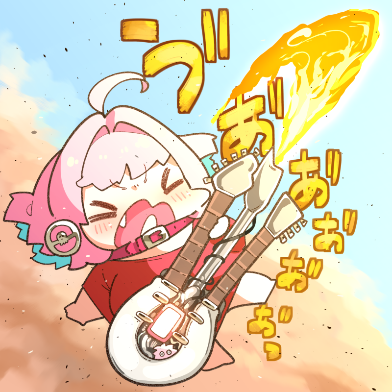 1girl ahoge airborne bangs barefoot blue_hair blue_sky blush breasts chibi closed_eyes cloud collar fang fire full_body guitar holding idolmaster idolmaster_cinderella_girls instrument large_breasts mad_max mad_max:_fury_road multicolored_hair no_pants open_mouth outstretched_arm oversized_clothes oversized_shirt pink_hair red_shirt shirt short_hair sky solo takato_kurosuke two-tone_hair v-shaped_eyebrows yumemi_riamu