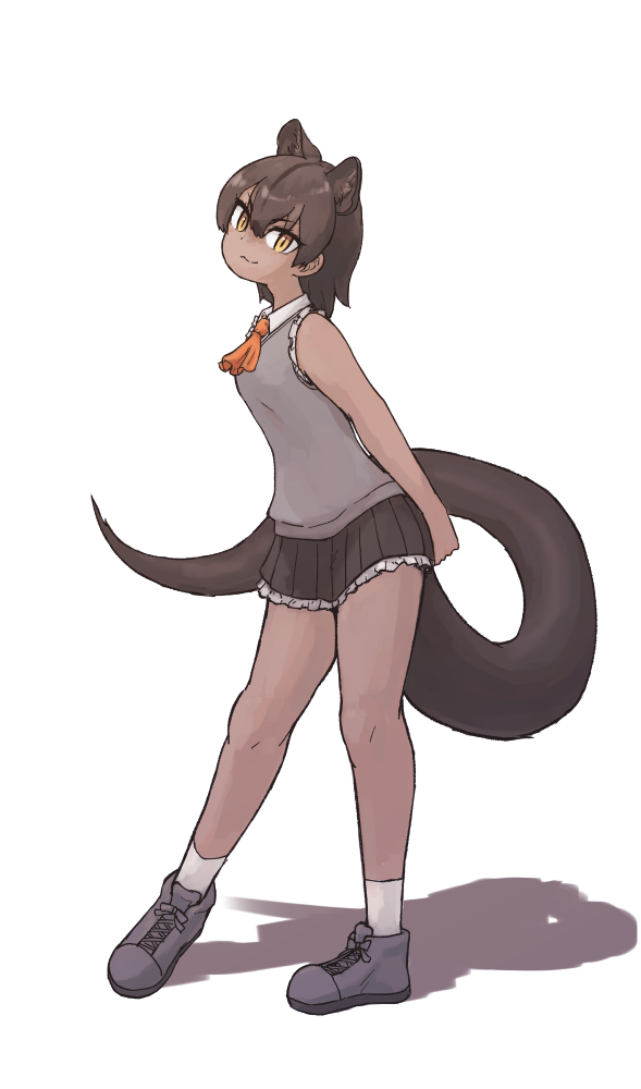 1girl animal_ears arms_behind_back ascot bare_arms bare_legs brown_hair closed_mouth dark_skin extra_ears eyebrows_visible_through_hair fossa_(kemono_friends) fossa_ears fossa_tail frilled_skirt frilled_sleeves frills full_body gloves hair_between_eyes head_tilt kemono_friends leaning_forward looking_at_viewer medium_hair microskirt orange_neckwear pleated_skirt rumenia_(ao2is) shadow shirt shoes skirt sleeveless sleeveless_shirt slit_pupils smile socks solo standing standing_on_one_leg tail tareme white_legwear yellow_eyes