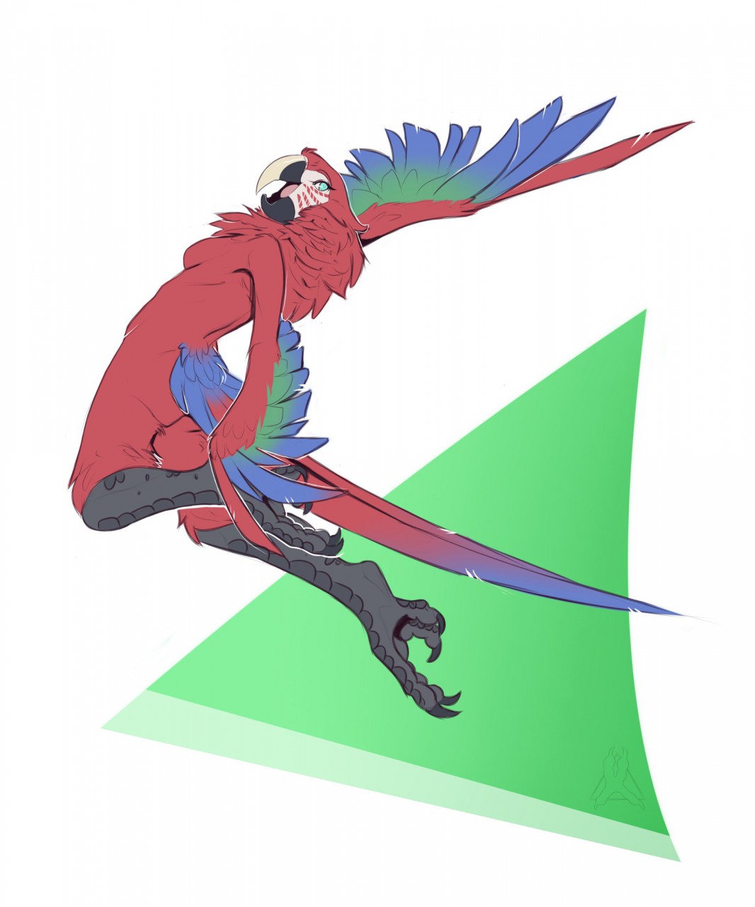 4_toes anisodactyl anthro avian beak bird bird_feet breasts chest_tuft claws feathered_wings feathers featureless_breasts female hi_res long_tail looking_at_viewer macaw neotropical_parrot non-mammal_breasts nude omu open_mouth parrot red_body red_feathers side_boob smile solo tail_feathers theblackvixen toe_claws toes true_parrot tuft winged_arms wings