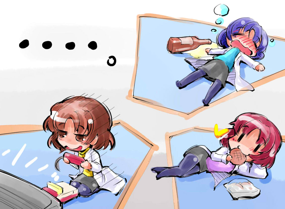 ... 3girls akagi_naoko akagi_naoko_(cosplay) aqua_shirt bangs black_skirt blue_skirt blush blush_stickers bottle brown_eyes brown_hair chibi closed_eyes coat commentary commentary_check controller cookie cosplay drunk eating elbow_rest eyebrows_visible_through_hair food game_console game_controller hand_up hands_up holding holding_controller lying magi_(evangelion) multiple_girls neon_genesis_evangelion on_back on_side open_mouth pantyhose personification playing_games purple_hair purple_legwear purple_shirt red_hair seiza shinapuu shirt short_hair sitting skirt smile spilling television textless white_coat yellow_shirt