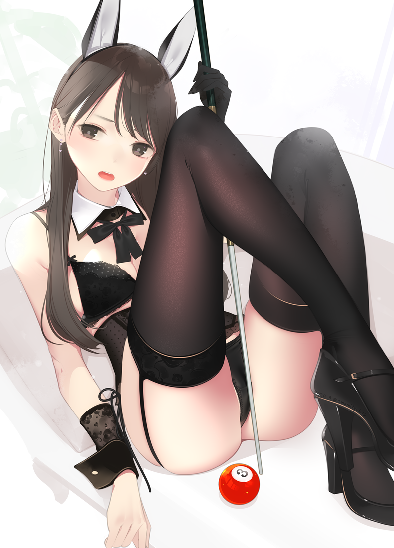 1girl ama_mitsuki animal_ears ass bare_shoulders between_legs black_bra black_eyes black_footwear black_hair black_panties bra breasts brown_legwear bunny_ears corset cue_ball cue_stick detached_collar earrings fake_animal_ears fine_fabric_emphasis garter_straps high_heels holding jewelry knees_up lace lace-trimmed_bra lingerie long_hair looking_at_viewer medium_breasts neck_ribbon open_mouth original panties ribbon side-tie_panties sidelocks simple_background sitting skindentation solo thighhighs underwear underwear_only white_background wrist_cuffs