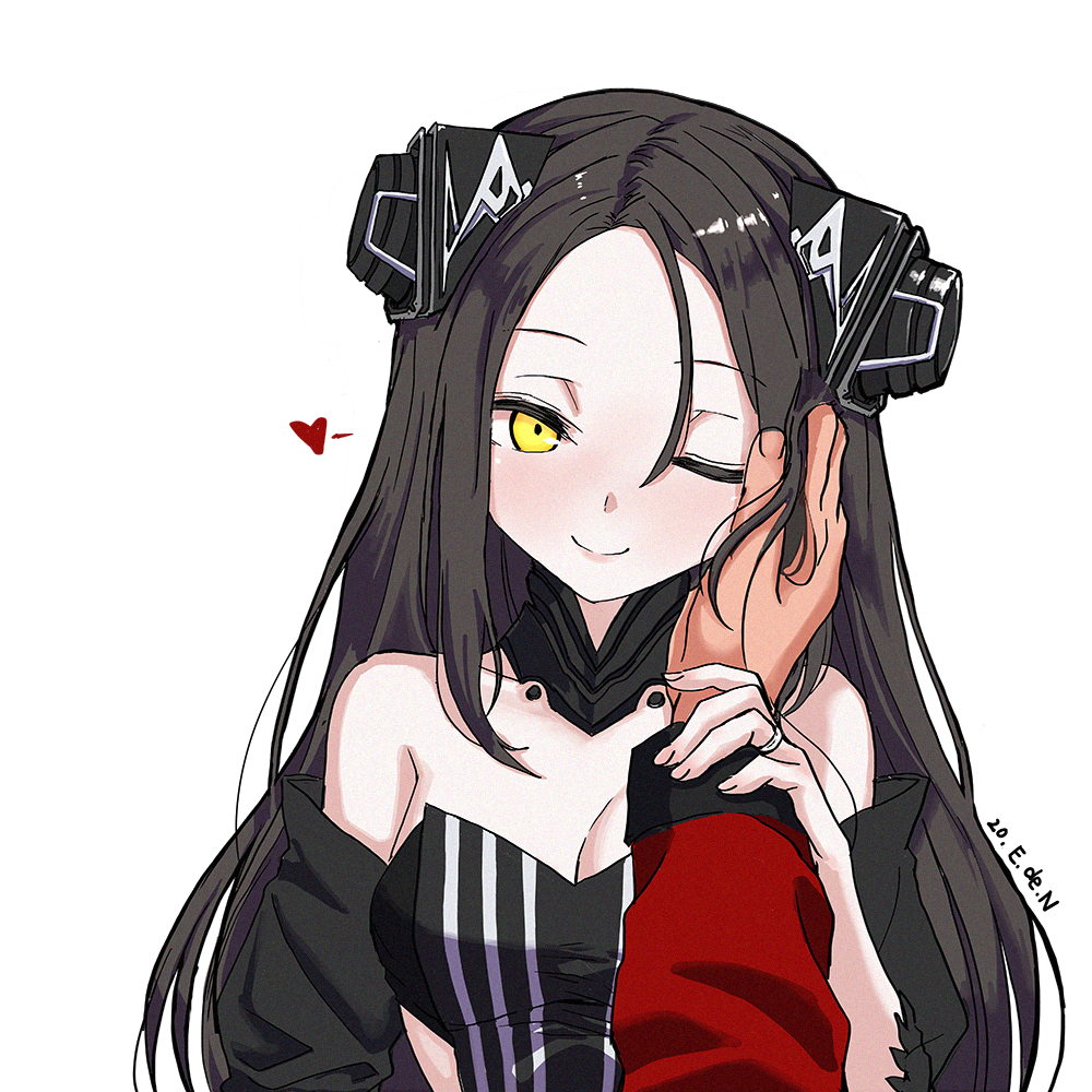 1girl bare_shoulders black_hair breasts cleavage closed_mouth dreamer_(girls_frontline) e.de.n girls_frontline hair_between_eyes hand_on_another's_cheek hand_on_another's_face headgear jewelry long_hair long_sleeves one_eye_closed pov pov_hands ring simple_background smile solo_focus upper_body wedding_ring white_background yellow_eyes