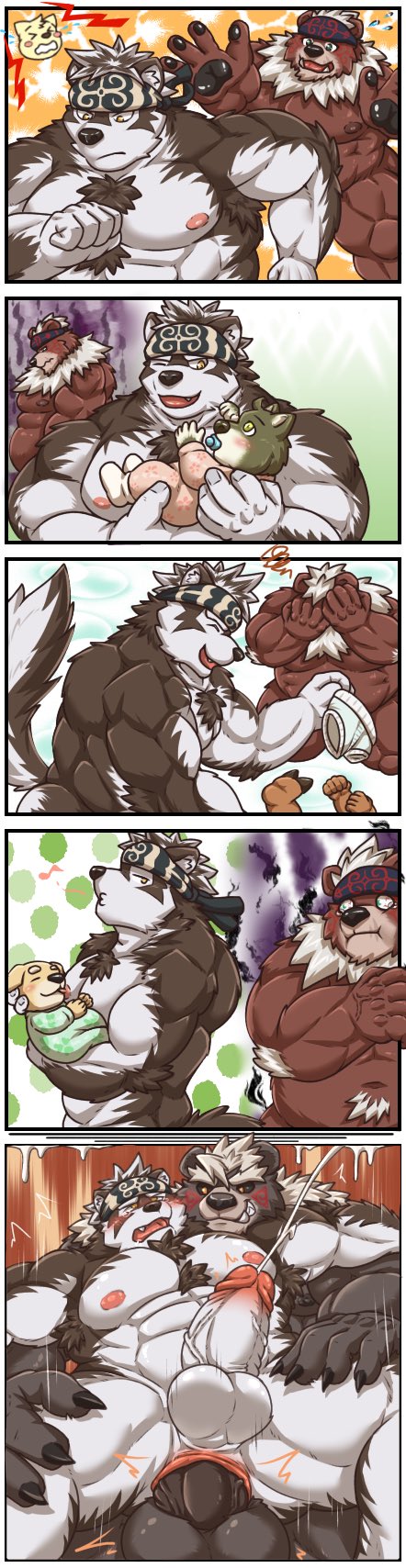 anal anal_penetration anthro armpit_hair baby belly black_nails blush bodily_fluids body_hair brown_body brown_fur canid canine canis colored_nails comic cum fur gapao genital_fluids genitals hair hi_res horkeukamui humanoid_genitalia humanoid_penis kemono kimun_kamui_(tas) male male/male male_penetrated male_penetrating mammal muscular nails nipples penetration penis tears tokyo_afterschool_summoners ursid vein veiny_penis video_games wen_kamui_(tas) white_body white_fur white_hair wolf young