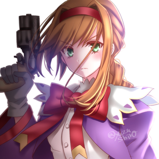 1girl braid breasts brown_hair closed_mouth commentary_request dress gloves green_eyes gun hairband long_hair looking_at_viewer red_hairband simple_background solo virginia_maxwell weapon white_background wild_arms wild_arms_3 yuzushiro