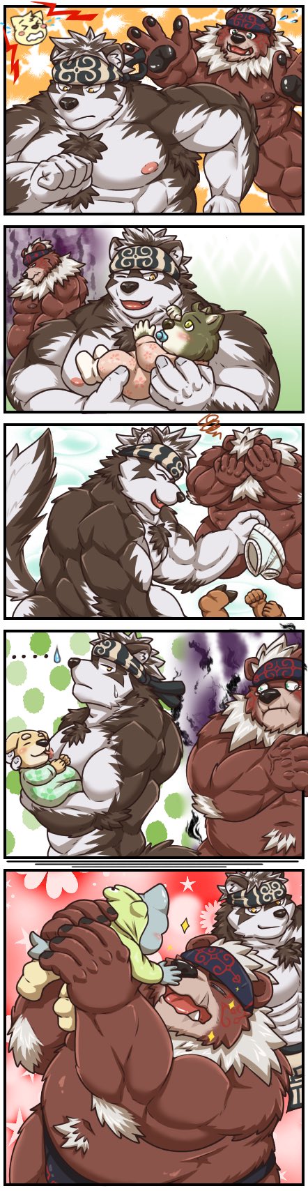 anthro baby belly black_nails body_hair brown_body brown_fur canid canine canis colored_nails comic fur gapao hair hi_res horkeukamui kemono kimun_kamui_(tas) male male/male mammal muscular nails nipples tokyo_afterschool_summoners ursid video_games white_body white_fur white_hair wolf young