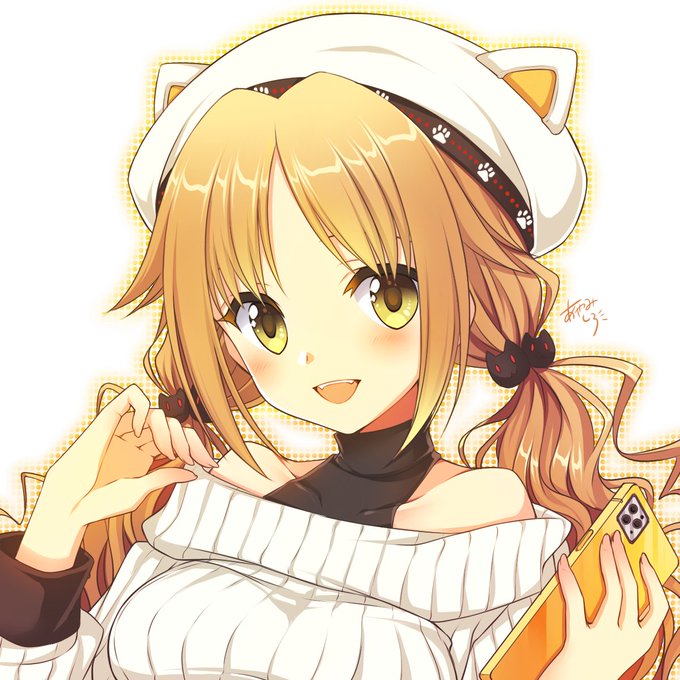 1girl :d animal_ears animal_hat ayamisiro bangs bare_shoulders beret black_shirt breasts brown_hair cat_hair_ornament cellphone collarbone covered_collarbone eyebrows_behind_hair fake_animal_ears fangs hair_ornament hands_up hat holding holding_phone long_hair long_sleeves looking_at_viewer low_twintails medium_breasts open_mouth original parted_bangs phone ribbed_sweater shirt signature sleeveless sleeveless_shirt smile solo sweater twintails upper_teeth white_background white_headwear white_sweater yellow_eyes