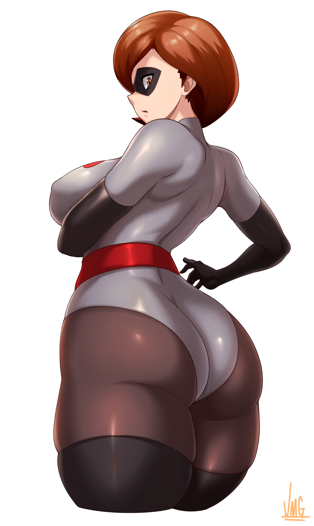 1girl ass black_legwear bodysuit breasts brown_hair elastigirl from_behind helen_parr highres jmg large_breasts short_hair simple_background skindentation solo the_incredibles thick_thighs thighhighs thighs white_background