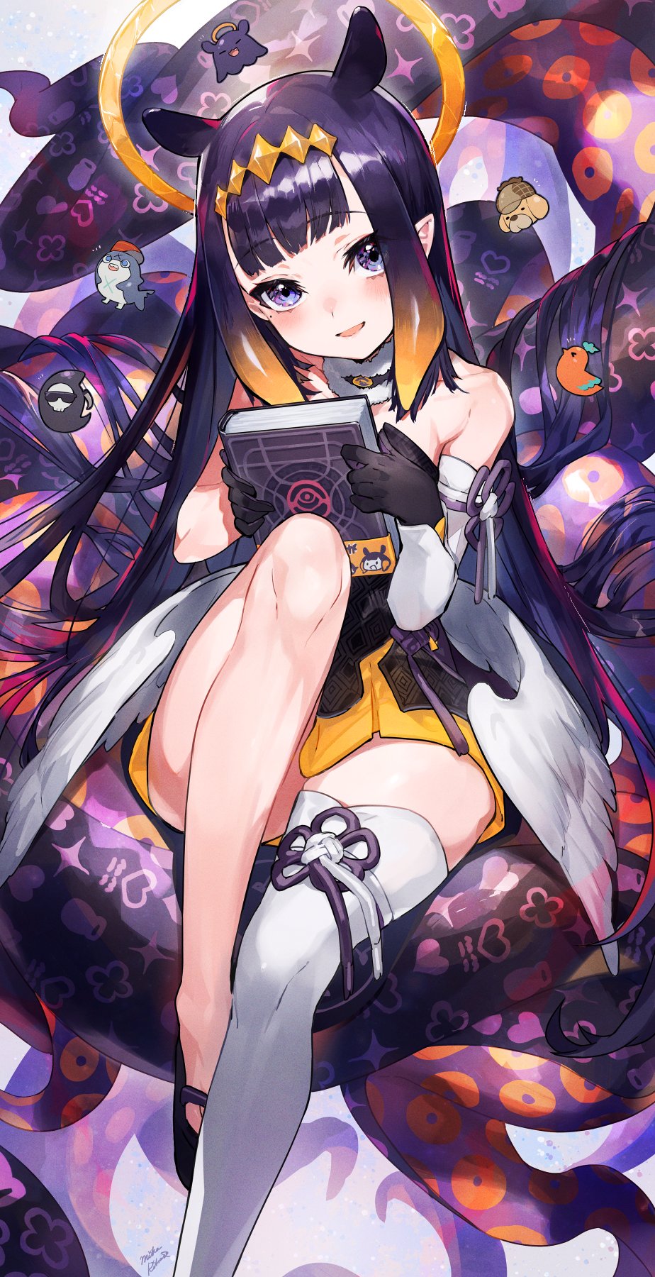 1girl bangs bare_shoulders black_dress black_gloves blue_eyes blunt_bangs blush book chibi detached_sleeves dress fur_collar gloves halo highres holding holding_book hololive hololive_english knee_up long_hair looking_at_viewer low_wings mascot mika_pikazo mole mole_under_eye monster_girl ninomae_ina'nis open_mouth pointy_ears purple_hair single_detached_sleeve single_thighhigh sitting smile solo strapless tentacle_hair tentacles thighhighs tiara virtual_youtuber white_legwear wings