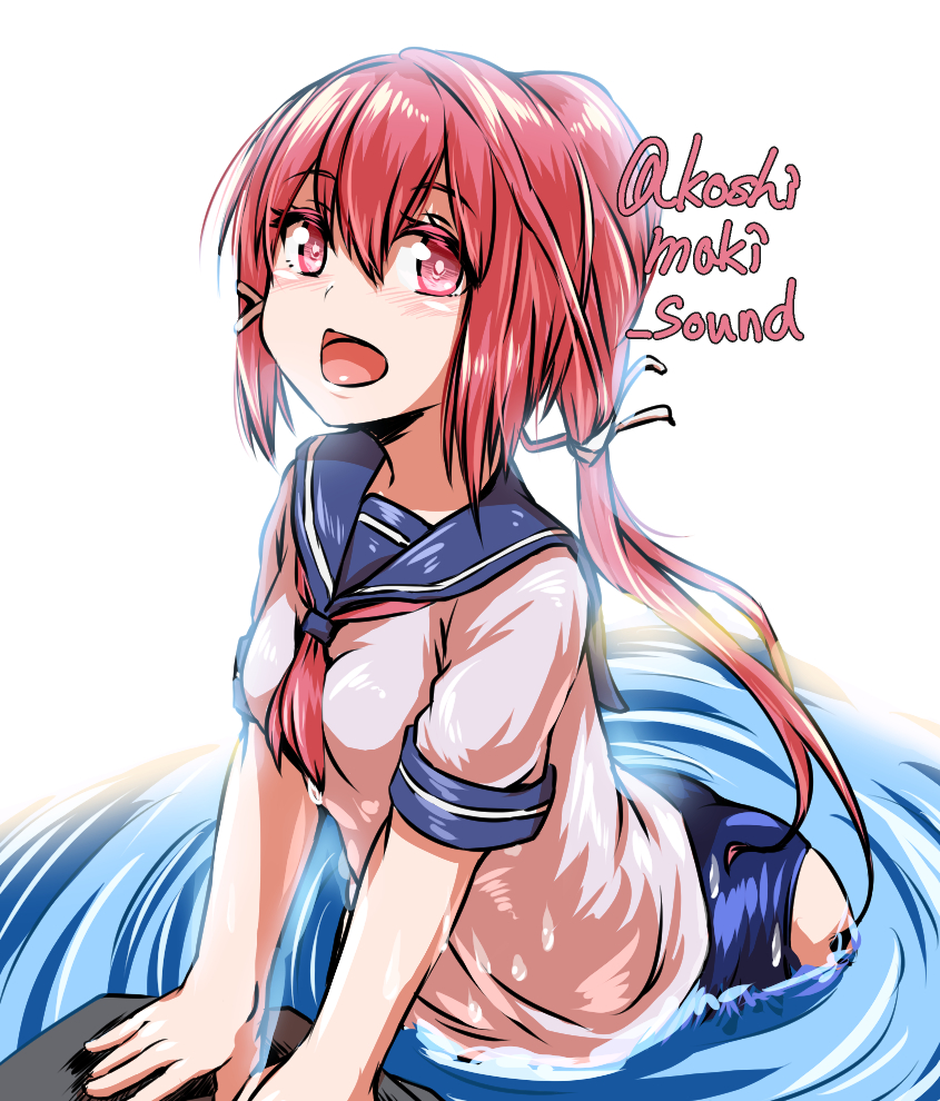 1girl blue_sailor_collar commentary_request hair_ribbon i-168_(kantai_collection) jacket kantai_collection koshimaki_tokage long_hair neckerchief open_clothes open_jacket partially_submerged pink_neckwear ponytail red_eyes red_hair ribbon sailor_collar sailor_shirt school_swimsuit school_uniform serafuku shirt simple_background solo swimsuit swimsuit_under_clothes twitter_username water white_background