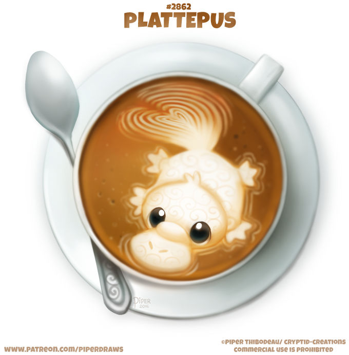 ambiguous_gender beverage black_eyes coffee cryptid-creations cup cutlery english_text feral food food_creature humor kitchen_utensils latte_art mammal monotreme platypus pun saucer simple_background solo spoon tan_body text tools url visual_pun white_background