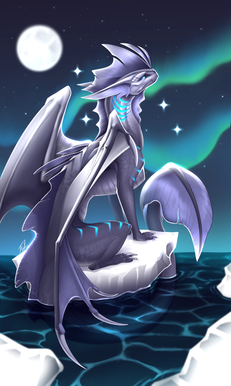 2020 ambiguous_gender claws detailed_background digital_media_(artwork) dragon fefairy feral hi_res horn ice membrane_(anatomy) membranous_wings moon night outside partially_submerged scales scalie sky solo spines star starry_sky water western_dragon wings