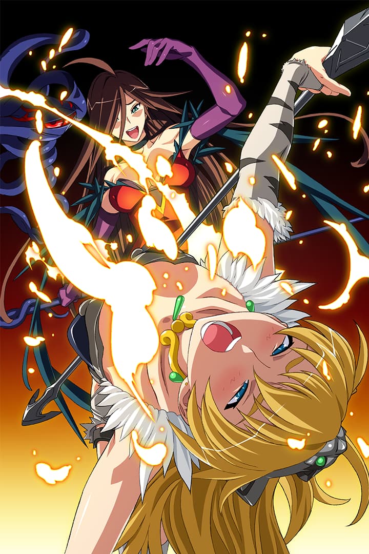 2girls ahoge animal_print arm_up armor bangs belt bikini_armor blonde_hair blue_eyes blush breasts brown_hair choker cleavage collarbone defeat dress earrings elbow_gloves elina funikura fur garter_straps gauntlets gloves green_eyes headdress holding holding_staff jewelry large_breasts living_weapon long_hair looking_at_viewer midriff multiple_girls navel necklace nyx official_art open_mouth polearm purple_gloves purple_legwear queen's_blade queen's_blade_white_triangle red_dress screaming spear staff tentacles tiger_print weapon