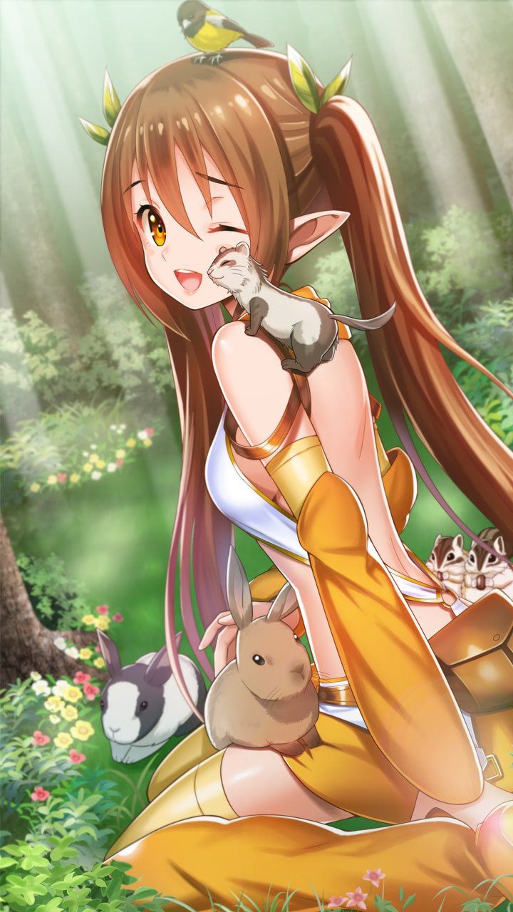 1girl animal_on_head animal_on_lap animal_on_shoulder back bare_shoulders bird breasts brown_eyes brown_hair bunny choker day detached_sleeves elf flower forest full_body hair_ribbon hamster highres long_hair looking_at_viewer nature nowa official_art on_head one_eye_closed open_mouth pink_flower pointy_ears pouch queen's_blade queen's_blade_unlimited queen's_blade_white_triangle revealing_clothes ribbon sitting skirt small_breasts solo thighhighs tree twintails very_long_hair wariza weapon yellow_legwear yellow_skirt