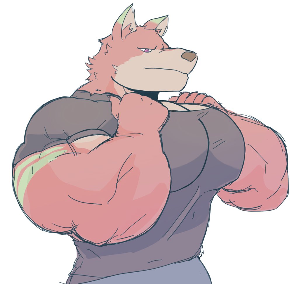 anthro biceps big_muscles brown_nose canid canine canis clothing crocobu fur green_body green_fur green_stripes hand_on_chest huge_muscles looking_down male mammal multicolored_body multicolored_fur muscular muscular_anthro muscular_male pecs pink_body pink_fur red_eyes shirt simple_background solo stripes stripped_fur tan_body tan_fur tight_clothing topwear white_background wolf