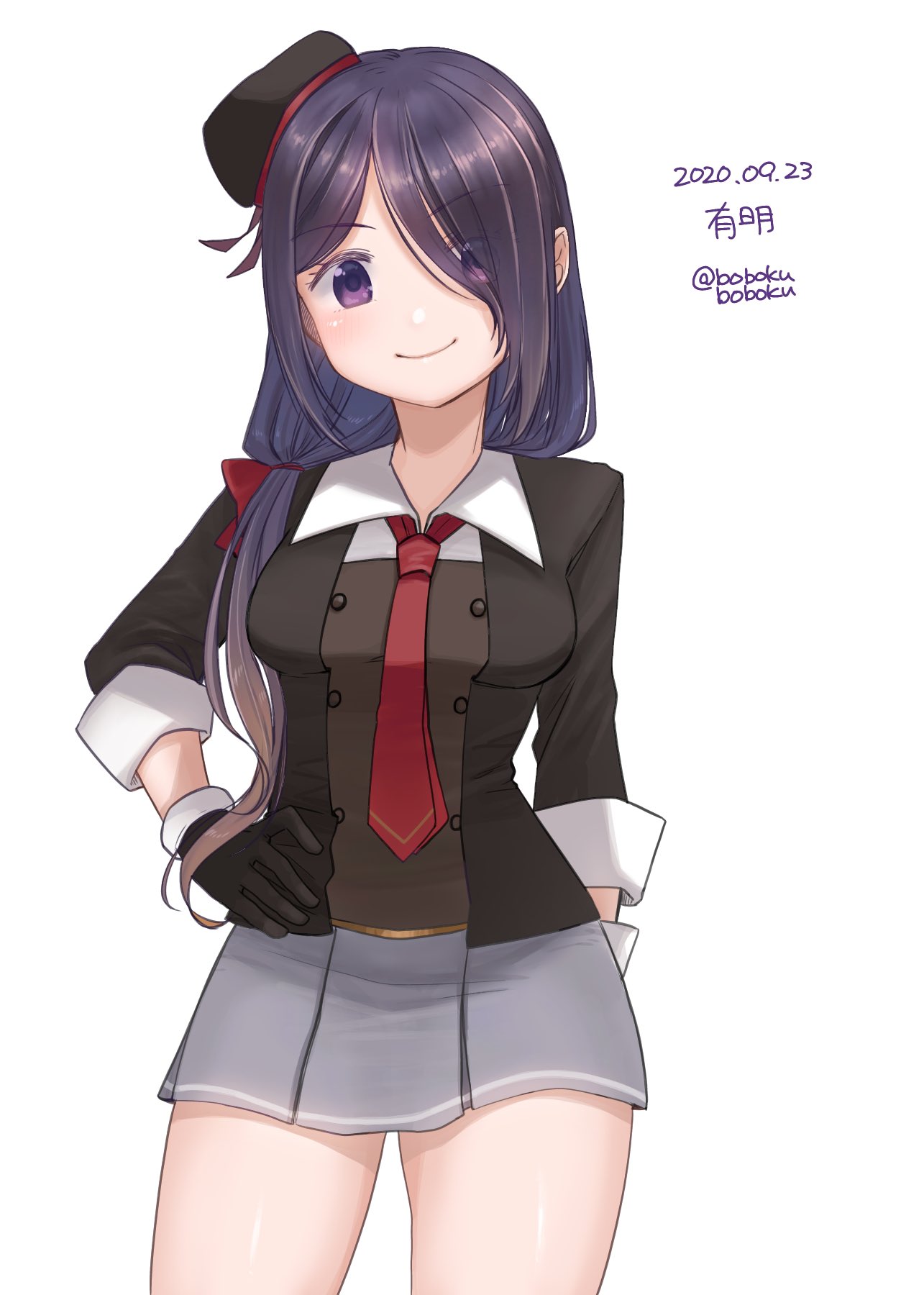 1girl ariake_(kantai_collection) bangs beret black_gloves black_hair black_headwear black_jacket blazer bobokuboboku character_name collared_shirt commentary_request contrapposto cowboy_shot dated gloves gradient_hair grey_skirt hair_over_one_eye hat highres jacket kantai_collection long_hair long_sleeves looking_at_viewer low_ponytail multicolored_hair necktie pleated_skirt purple_eyes red_neckwear shirt simple_background skirt smile solo twitter_username white_background white_shirt