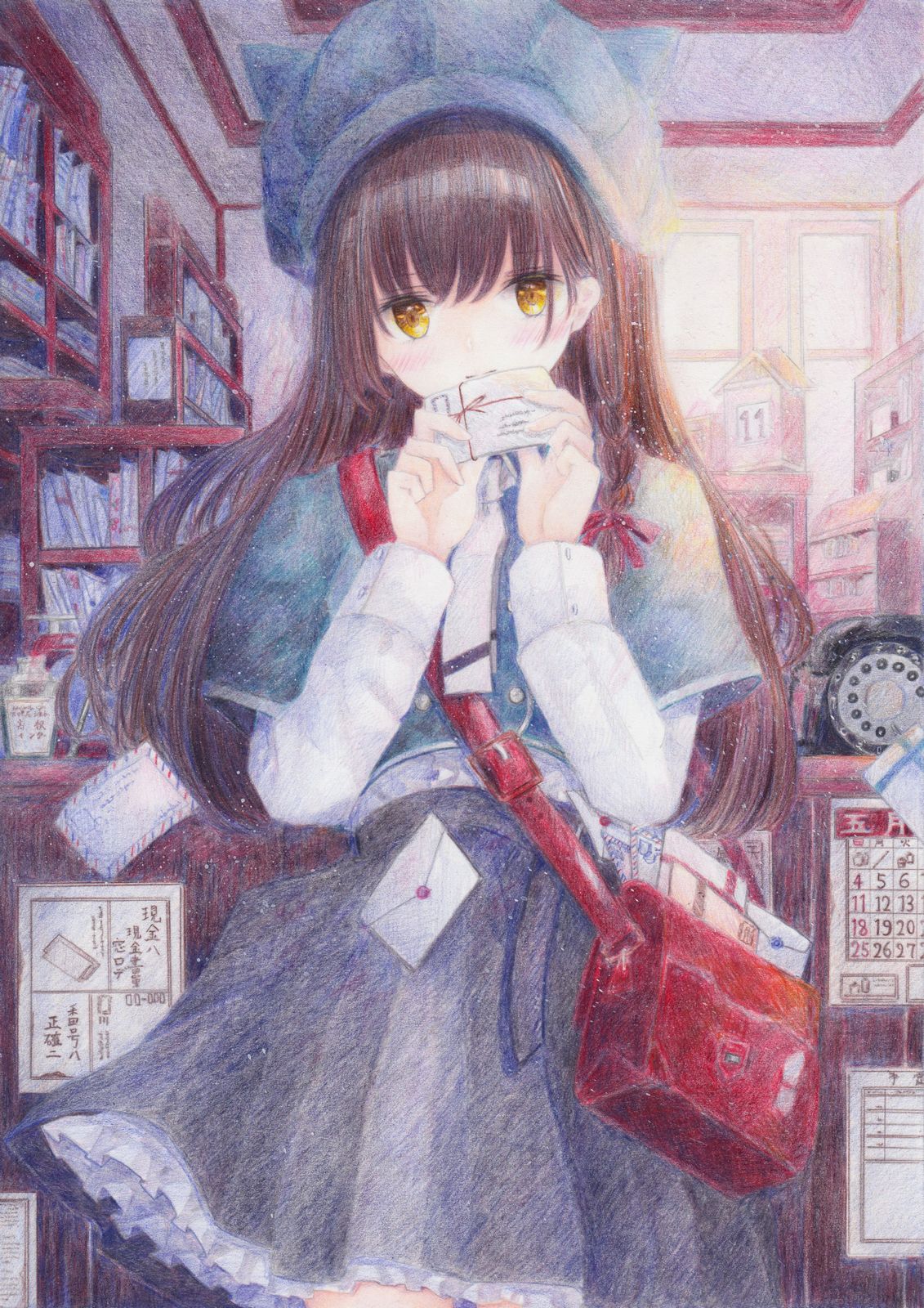 1girl bag blue_dress blush breasts brown_hair colored_pencil_(medium) darkkanan dress graphite_(medium) handbag hat highres indoors long_hair looking_at_viewer mail mailman original postbox_(outgoing_mail) small_breasts solo standing thighs traditional_media yellow_eyes