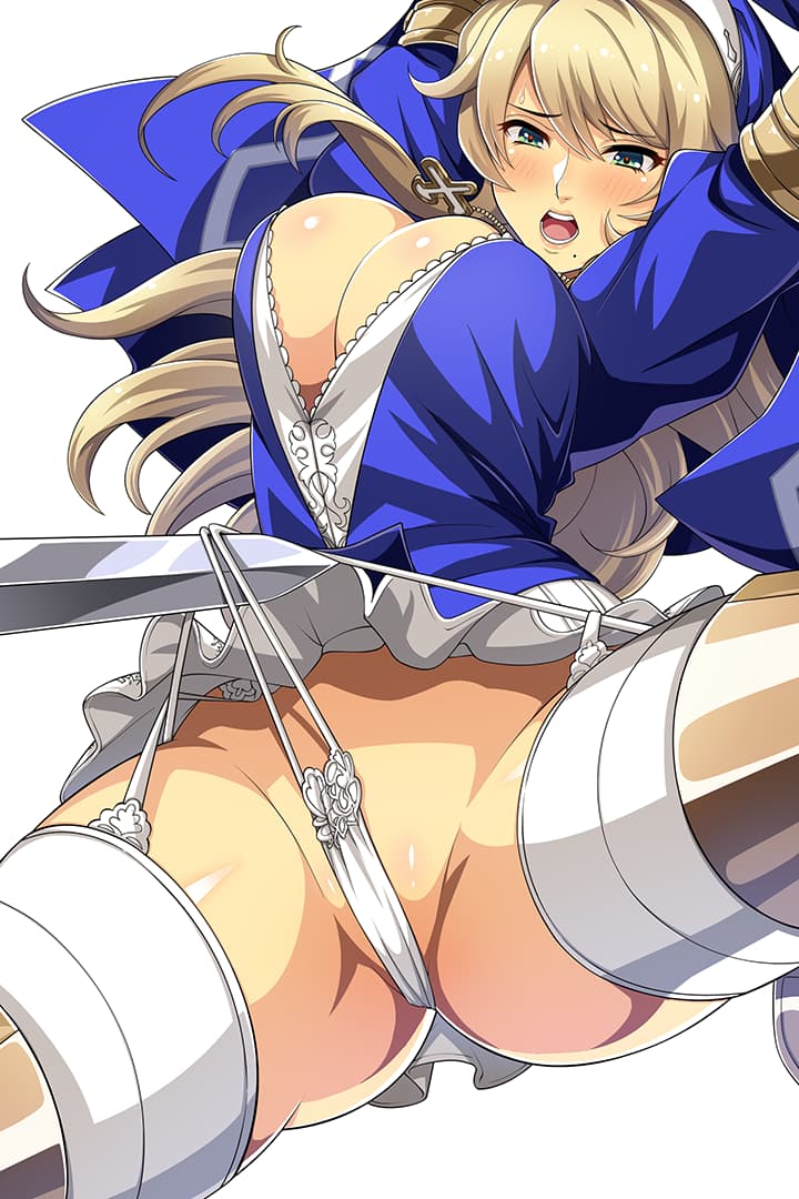 1girl armor armored_boots ass ass_visible_through_thighs bangs blonde_hair blue_eyes blush boots breasts cleavage crotch garter_straps green_eyes groin habit juliet_sleeves large_breasts long_hair long_sleeves looking_at_viewer mole mole_under_mouth nun official_art panties panty_pull pleated_skirt puffy_sleeves queen's_blade queen's_blade_rebellion queen's_blade_white_triangle sigui_(queen's_blade) skirt solo spread_legs sword thigh_boots thighhighs thong underwear weapon white_background white_legwear white_skirt wide_sleeves