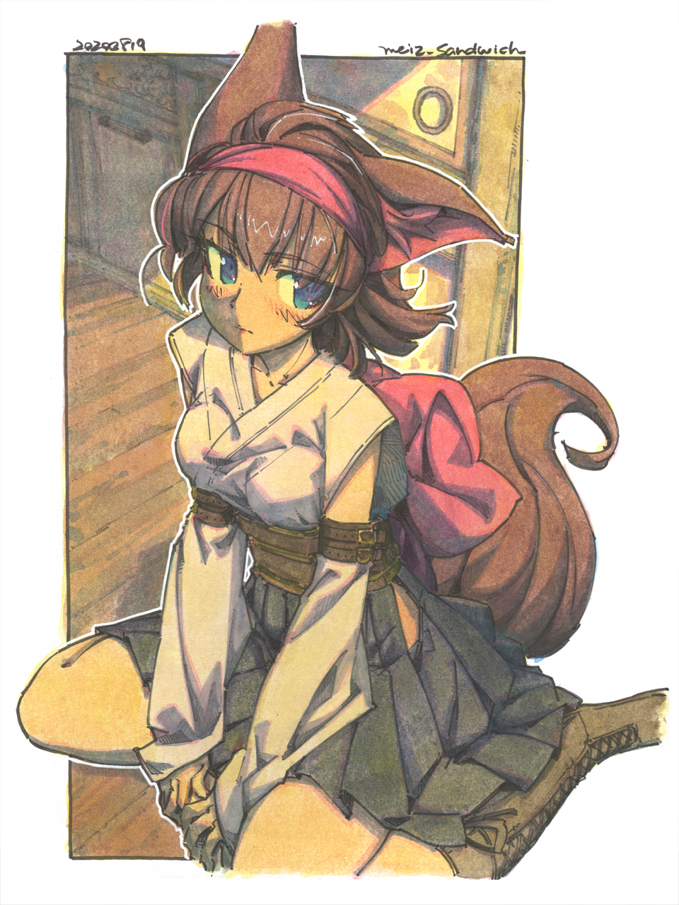 1girl animal_ears blue_eyes brown_hair fox_ears fox_girl fox_tail highres looking_to_the_side making-of_available meiz original shikishi solo tail traditional_media watercolor_(medium)