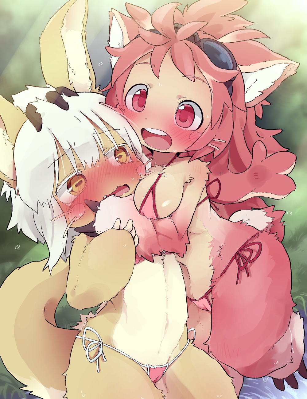1girl 1other :d animal_ears bikini blush breasts commentary_request dagashi_(daga2626) eyebrows_visible_through_hair fur furry goggles goggles_on_head highres looking_at_another made_in_abyss medium_breasts mitty_(made_in_abyss)_(furry) nanachi_(made_in_abyss) open_mouth pink_bikini pink_hair red_eyes short_hair side-tie_bikini smile swimsuit tail teeth upper_teeth whiskers white_hair yellow_eyes yuri
