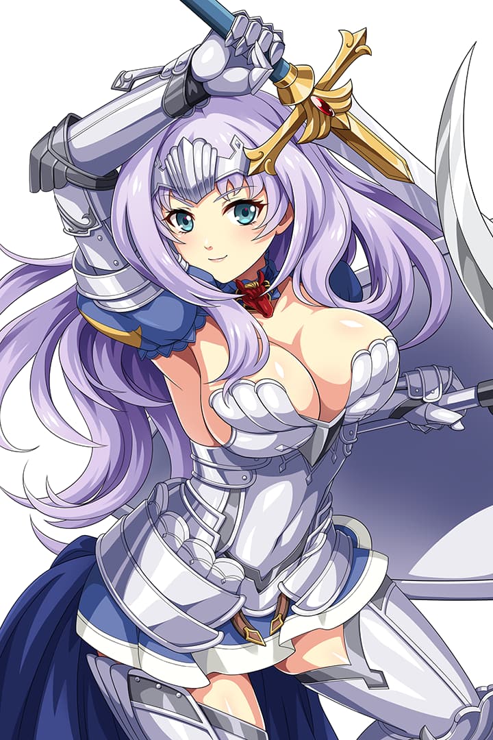 1girl annelotte arm_up armor armored_dress blue_dress blue_eyes boots breasts cape choker cleavage closed_mouth collarbone contrapposto dress eyebrows_visible_through_hair forehead_protector gauntlets greaves large_breasts legs light_purple_hair lipstick long_hair makeup official_art purple_hair queen's_blade queen's_blade_rebellion queen's_blade_white_triangle shoulder_armor skirt solo spaulders thigh_boots thighhighs thighs very_long_hair zettai_ryouiki