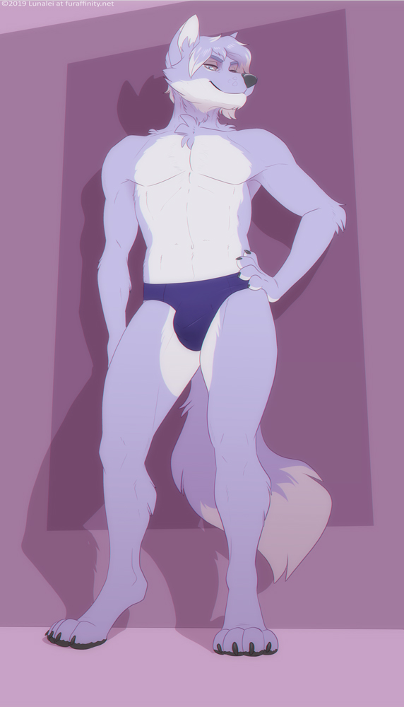 abstract_background anthro athletic athletic_anthro athletic_male bulge canid canine canis clothed clothing fur hair hand_on_hip lavender_fur lean_muscle looking_at_viewer lunalei male mammal paws simple_background smile smirk smug solo speedo standing swimwear takahiro_(wesacer) topless underwear white_body white_fur wolf