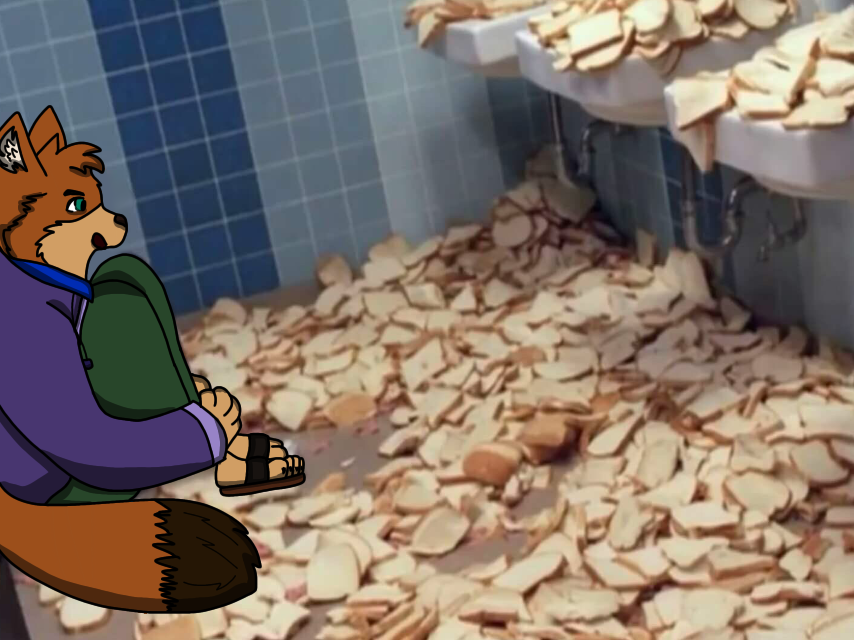 anthro arm_around_legs bandanna bathroom bread canid canine canis claws clothing food fox fur furry_friend_19 huddled jacket kerchief male mammal meme open_mouth orange_body orange_fur sink sitting slippers sweatpants tiled_wall tiles topwear zero_pictured