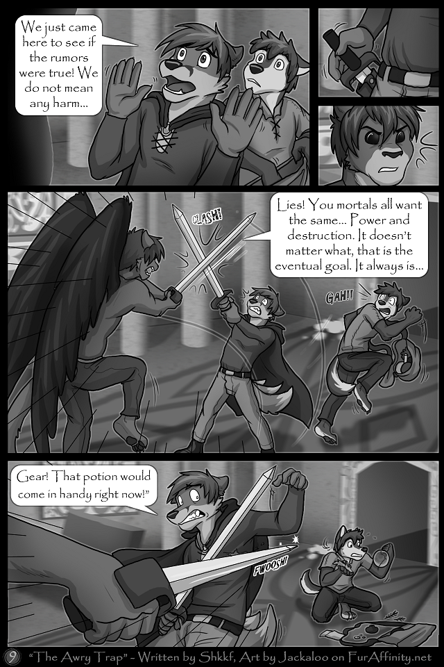 2:3 anthro canid canine cloak clothed clothing column comic dialogue english_text fight fox gear_(foxgear) group hair hallway inside isoke_(lokiaesir) jackaloo male mammal medieval melee_weapon monochrome partially_clothed satchel scared shkkf stained_glass sword teeth text tio_(character) url weapon window wings