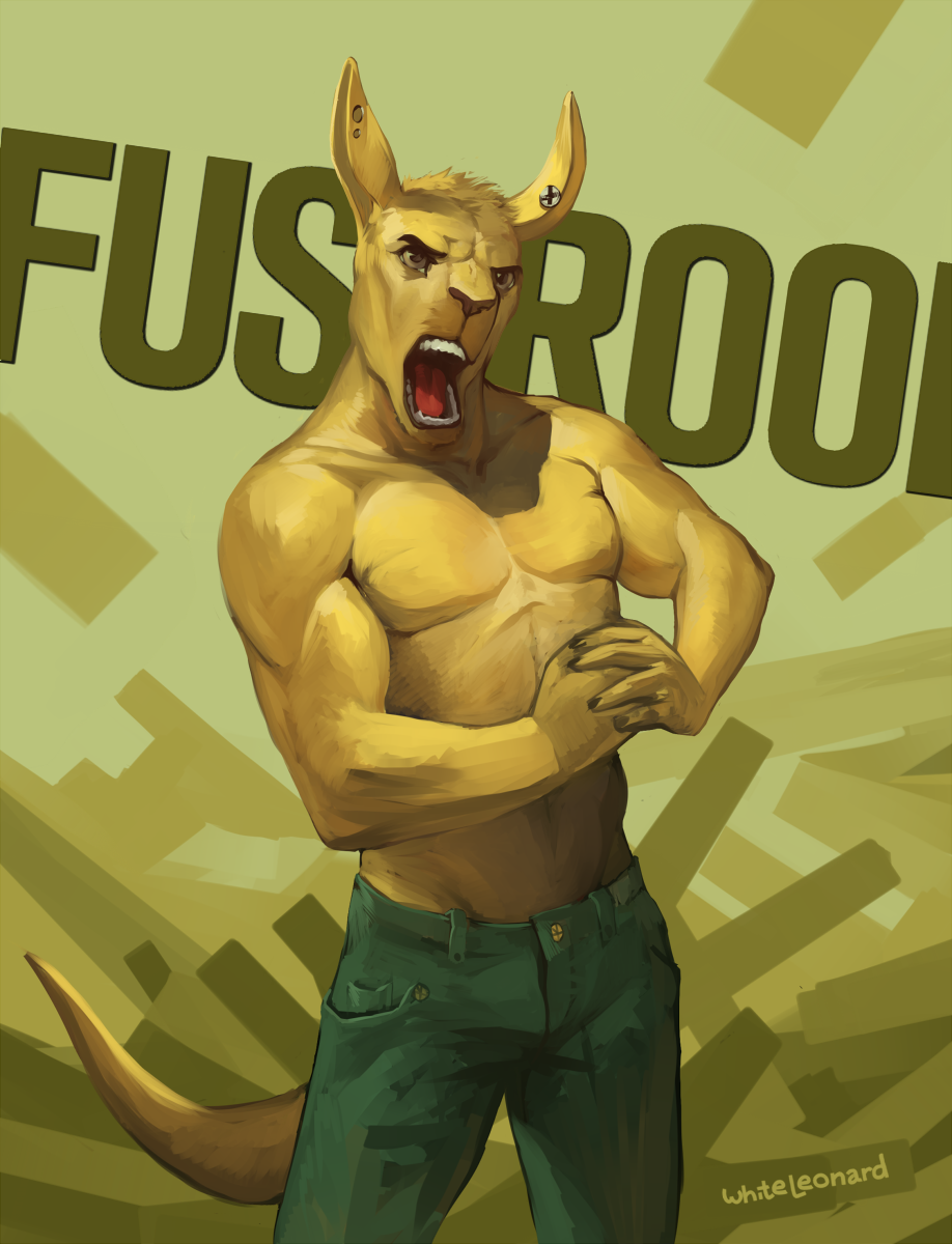 2015 abstract_background anthro bethesda_softworks biceps biped black_eyebrows bottomwear brown_eyes brown_nose clothed clothing digital_media_(artwork) ear_piercing eyebrows fingers fur gauged_ear green_bottomwear green_clothing green_pants hi_res kangaroo macropod male mammal marsupial muscular muscular_anthro muscular_male open_mouth pants pecs piercing portrait restricted_palette signature skyrim solo standing teeth the_elder_scrolls three-quarter_portrait topless video_games whiteleonard yelling yellow_body yellow_fur yellow_tail