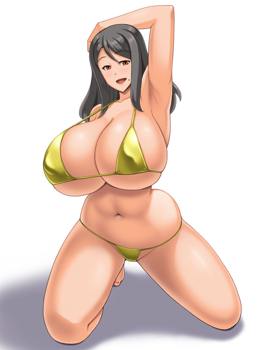 armpits bare_shoulders barefoot bikini black_hair breasts cameltoe collarbone eyebrows_visible_through_hair huge_breasts kawanuma_uotsuri kneeling looking_at_viewer mole mole_under_mouth open_mouth orange_eyes original pose saionji_aki simple_background smile string_bikini swimsuit white_background wide_hips yellow_bikini