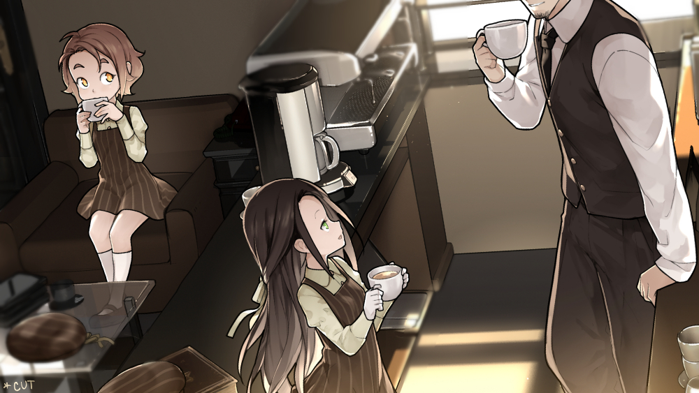 1boy 2girls aoi_tsunami black_hair bow brown_eyes brown_hair coffee_cup cup disposable_cup dress dutch_angle forehead green_eyes hair_bow hat indoors long_hair looking_at_another multiple_girls necktie original short_hair sitting standing uniform