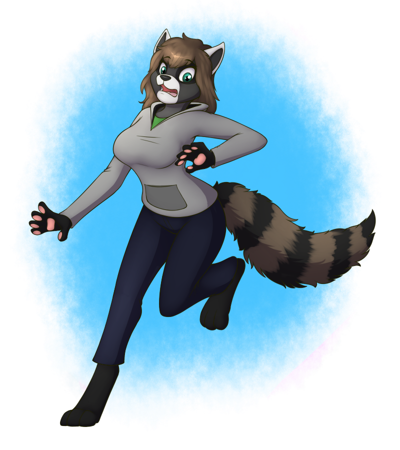 2020 alpha_channel anthro barefoot bottomwear breasts brown_hair clothing female green_eyes hair hoodie implied_transformation mammal on_one_leg open_mouth pants pawpads procyonid raccoon simple_background solo standing surprise tomek1000 topwear transparent_background
