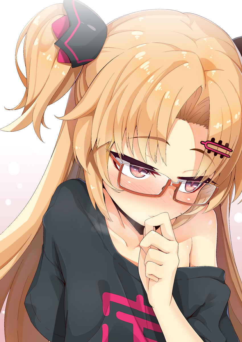 1girl akatsuki_uni bangs bare_shoulders black_shirt blonde_hair blush brown-framed_eyewear closed_mouth clothes_writing collarbone eyebrows_visible_through_hair glasses hair_ornament hairclip hand_up highres long_hair looking_away looking_to_the_side nose_blush off_shoulder ogami_kazuki parted_bangs red_eyes semi-rimless_eyewear shirt short_sleeves solo two_side_up under-rim_eyewear uni_channel upper_body virtual_youtuber white_background