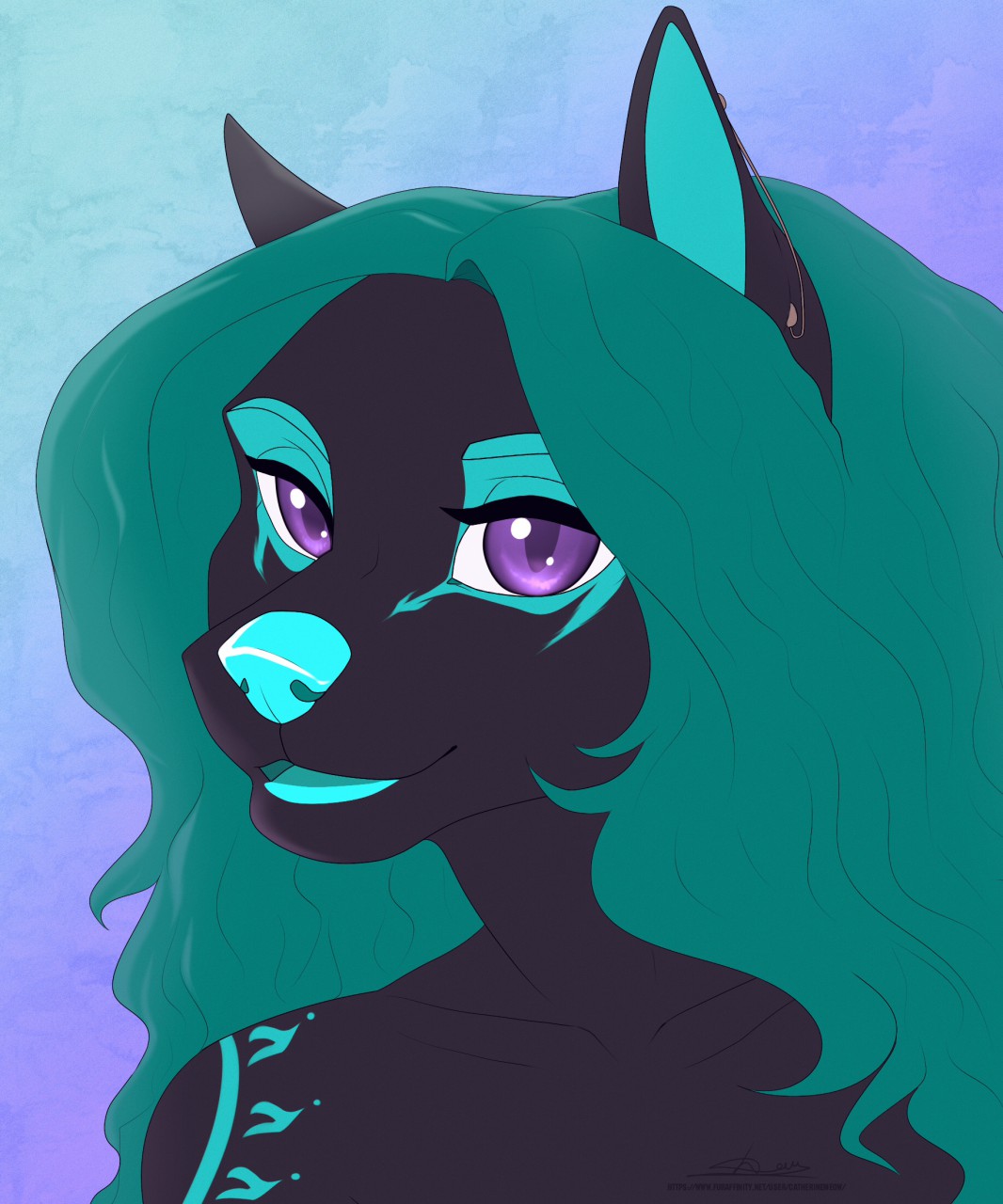 anthro black_body black_fur blue_body blue_fur canid canine canis catherinemeow female freya_(zionsangel) fur green_hair hair hi_res mammal multicolored_body multicolored_fur open_mouth open_smile purple_eyes simple_background smile solo tattoo tongue two_tone_body two_tone_fur wolf
