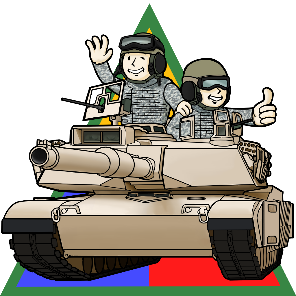 2boys caterpillar_tracks emblem english_commentary fallout_(series) ground_vehicle gun hand_up hat m1_abrams machine_gun military military_hat military_uniform military_vehicle motor_vehicle multiple_boys one_eye_closed smile tank thumbs_up uniform vault_boy weapon white_background wwwww_(sswwwww)