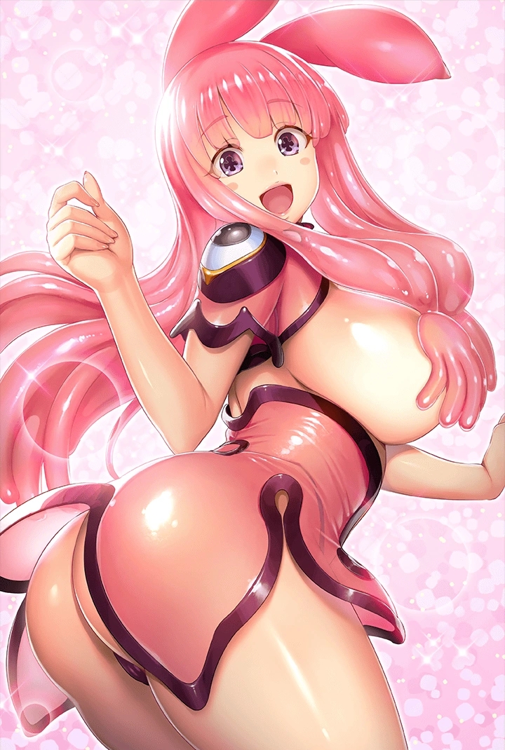 +_+ 1girl animal_ears artist_request ass back bangs black_eyes blush blush_stickers breasts bunny_ears covering covering_breasts hands_up large_breasts long_hair looking_at_viewer looking_back melona monster_girl official_art pink_hair pink_slime prehensile_hair queen's_blade queen's_blade_unlimited queen's_blade_white_triangle revealing_clothes shiny shiny_skin sideboob simple_background slime_girl smile solo symbol-shaped_pupils thighs upper_body