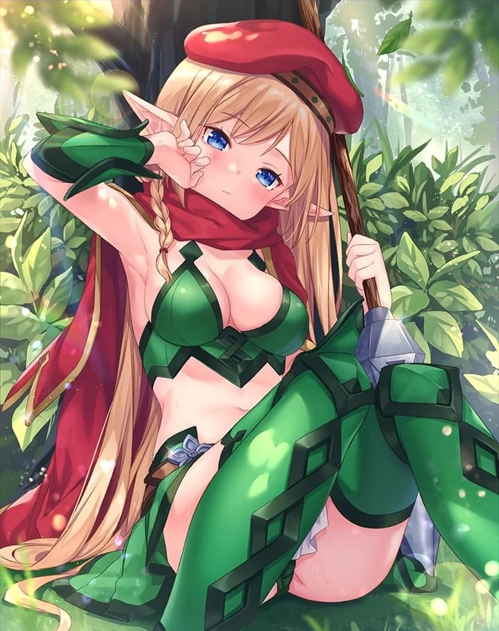 1girl alleyne_(queen's_blade) armor artist_request beret bikini_armor blonde_hair blue_eyes boots braid breasts cleavage closed_mouth elf forest glint hat holding holding_weapon knees_up leaf_panties leaf_print legs long_hair looking_at_viewer medium_breasts nature navel official_art outdoors panties pantyshot pointy_ears polearm print_panties queen's_blade queen's_blade_unlimited queen's_blade_white_triangle scarf side_braid sitting solo spear thigh_boots thighhighs thighs tree underwear vambraces very_long_hair weapon