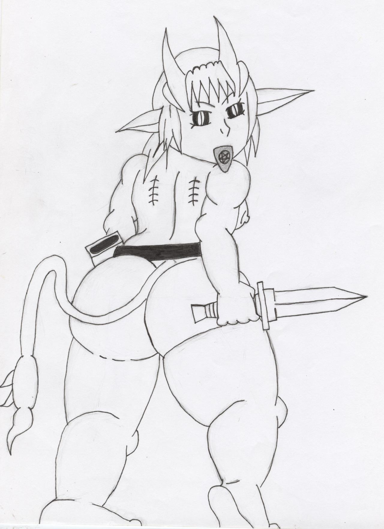 arkail/vonarkail armed big_butt butt demon female hi_res horn humanoid humanoid_pointy_ears imp inking nude size_difference smaller_female solo stinger thick_thighs wingless_devil